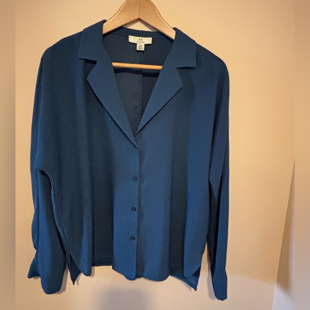 Halston Teal Blue Button-Front Collared Blouse